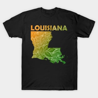 Colorful mandala art map of Louisiana with text in green and orange T-Shirt